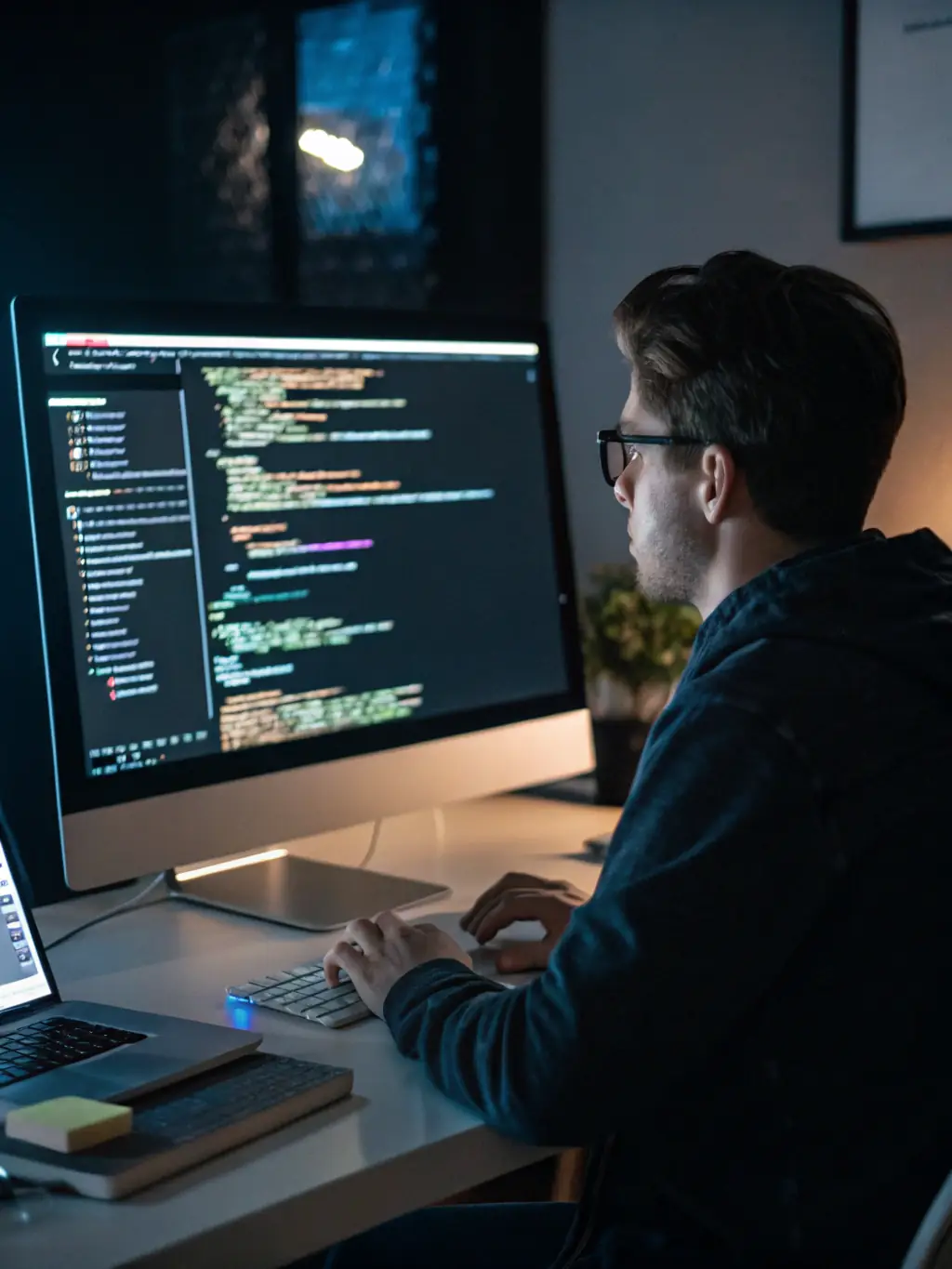 A close-up shot of a code editor displaying AI-assisted code completion and debugging features.